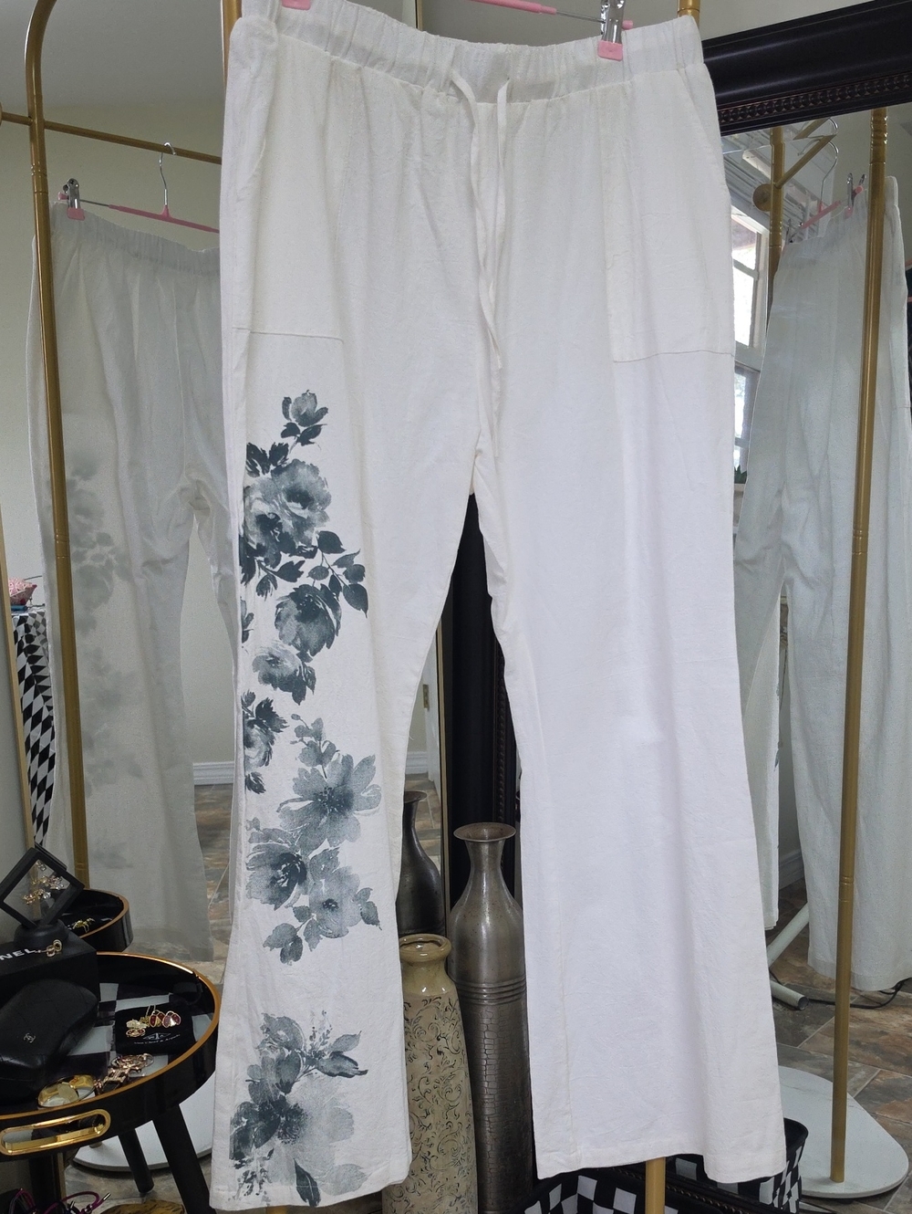 White Linen Wide-Leg Pants with Blue Floral Print - Picture 3 of 10